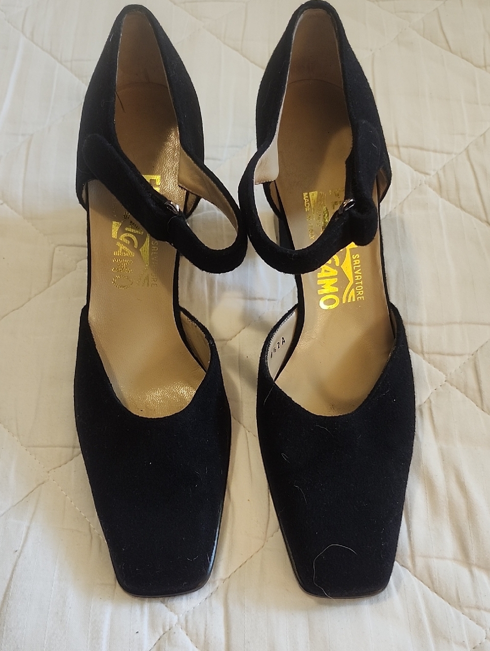 Salvatore Ferragamo Black Suede Square-Toe Mary Jane Heels 8.5a